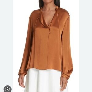 Vince 100% Silk Tie Neck Long Sleeve Blouse - Rust/Copper - Small